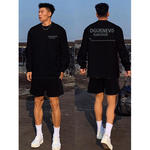 美式復古重磅純棉男秋冬長袖t恤潮牌設計青年潮流寬松圓領打底衫