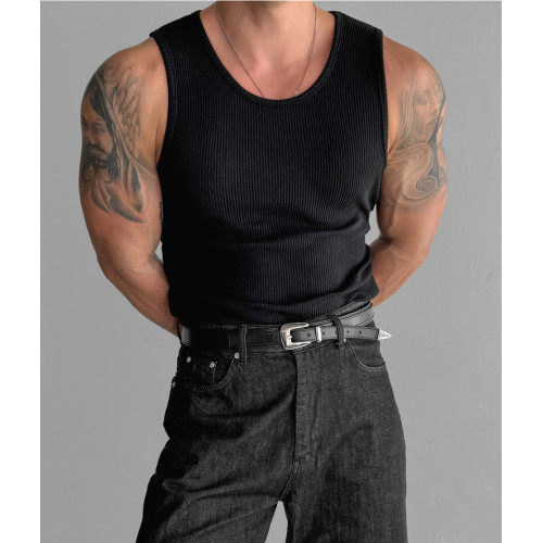 歐貨重磅純棉螺紋背心肌肉男高彈力無袖t恤健美訓練運動緊身衣潮