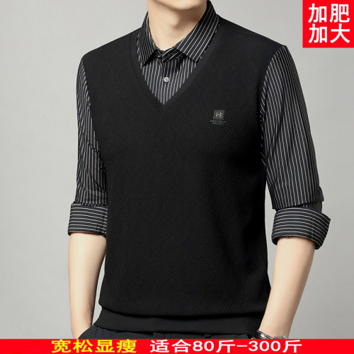 秋季男士長袖t恤肥佬胖子中年加肥加大碼羊毛假二件打底衫爸爸裝
