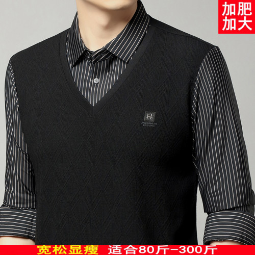 秋季男士長袖t恤肥佬胖子中年加肥加大碼羊毛假二件打底衫爸爸裝