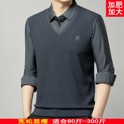 秋季男士長袖t恤肥佬胖子中年加肥加大碼羊毛假二件打底衫爸爸裝