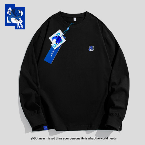 韓國潮牌ADER ITO藍色狐狸頭刺綉高級高支高密百搭長袖T恤男純色 韓國潮牌ADER ITO藍色狐狸頭刺綉高級高支高密百搭長袖T恤男純色