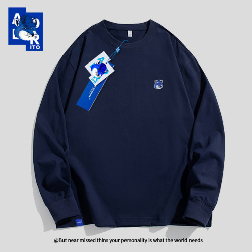 韓國潮牌ADER ITO藍色狐狸頭刺綉高級高支高密百搭長袖T恤男純色 韓國潮牌ADER ITO藍色狐狸頭刺綉高級高支高密百搭長袖T恤男純色