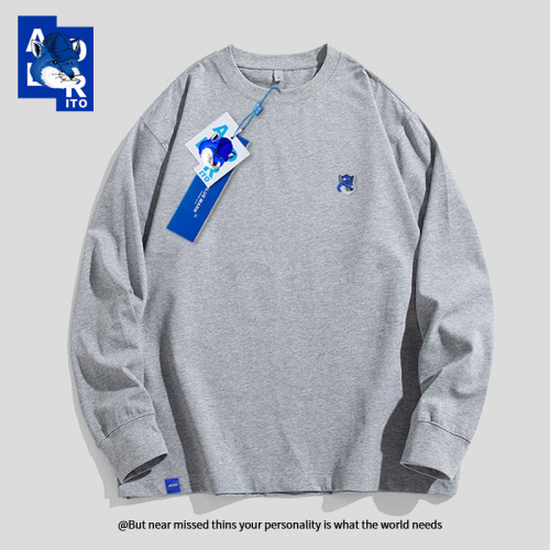 韓國潮牌ADER ITO藍色狐狸頭刺綉高級高支高密百搭長袖T恤男純色 韓國潮牌ADER ITO藍色狐狸頭刺綉高級高支高密百搭長袖T恤男純色