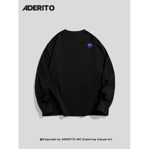 韓國潮牌AE聯名藍色狐狸頭刺綉高級高支高密百搭長袖T恤男女純色