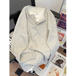 美式亨利領衛衣男潮流假兩件內搭上衣春秋季重磅寬松百搭長袖T恤