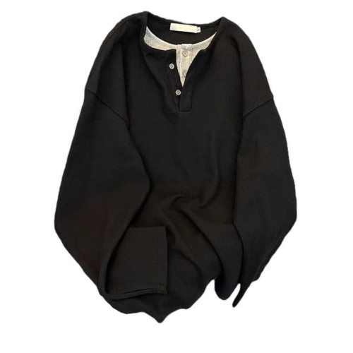 美式亨利領衛衣男潮流假兩件內搭上衣春秋季重磅寬松百搭長袖T恤