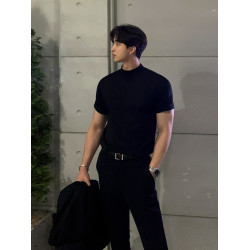 MRCYC韓系半高領針織T恤男士純色百搭修身短袖夏季高級老錢風體恤