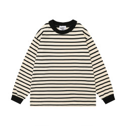 美式撞色條紋小領口長袖T恤男款潮牌秋季寬松日系寬松休閒打底衫