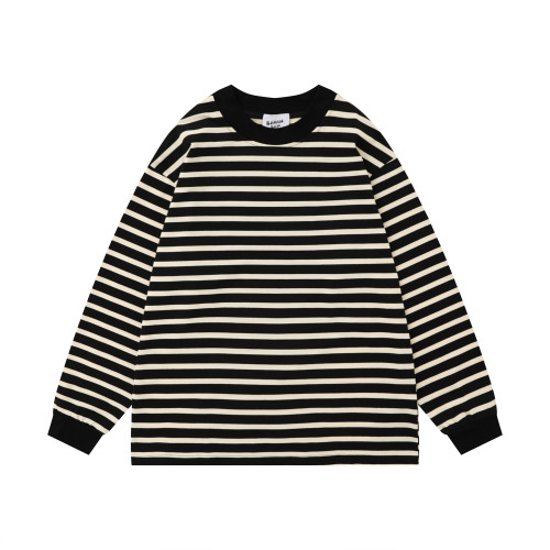 美式撞色條紋小領口長袖T恤男款潮牌秋季寬松日系寬松休閒打底衫