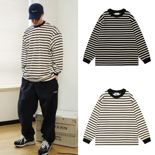 美式撞色條紋小領口長袖T恤男款潮牌秋季寬松日系寬松休閒打底衫