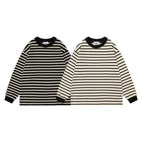 美式撞色條紋小領口長袖T恤男款潮牌秋季寬松日系寬松休閒打底衫