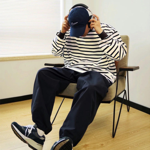 美式撞色條紋小領口長袖T恤男款潮牌秋季寬松日系寬松休閒打底衫