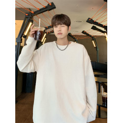 純色長袖t恤男秋季潮牌提花新款港風chic寬松情侶款內搭打底上衣