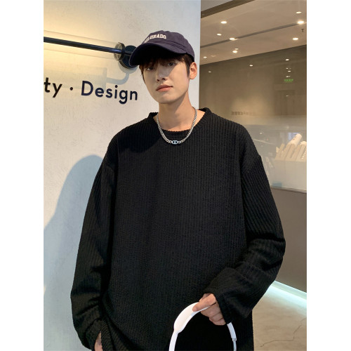 純色長袖t恤男秋季潮牌提花新款港風chic寬松情侶款內搭打底上衣