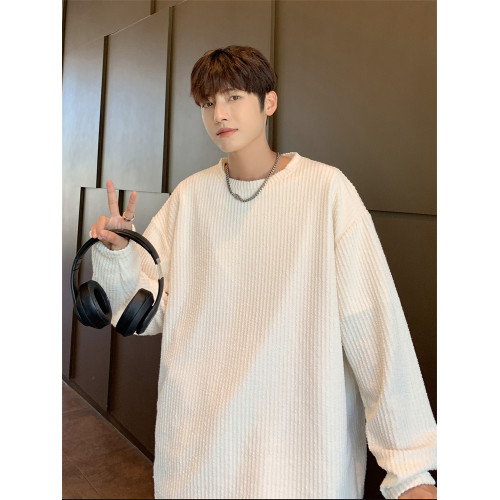 純色長袖t恤男秋季潮牌提花新款港風chic寬松情侶款內搭打底上衣