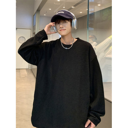 純色長袖t恤男秋季潮牌提花新款港風chic寬松情侶款內搭打底上衣