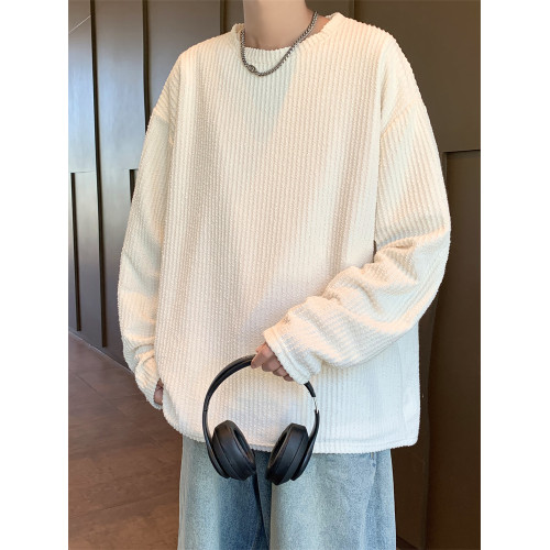 純色長袖t恤男秋季潮牌提花新款港風chic寬松情侶款內搭打底上衣