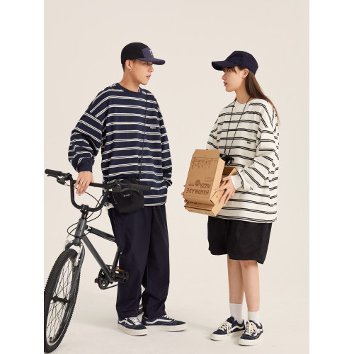 日系復古CityBoy條紋廓形圓領長袖t恤男女春秋季寬松休閒打底衫潮