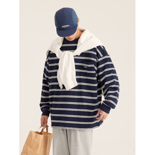 日系復古CityBoy條紋廓形圓領長袖t恤男女春秋季寬松休閒打底衫潮