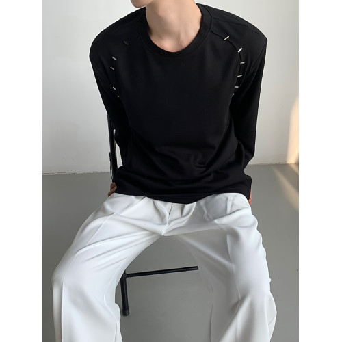 權一 韓版重磅墊肩長袖T恤金屬設計感圓領衛衣打底衫小衆男女潮