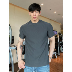 春夏男士純色V領T恤休閒美式細條紋短袖健身運動訓練打底百搭上衣