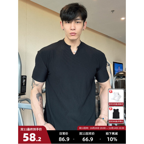 春夏男士純色V領T恤休閒美式細條紋短袖健身運動訓練打底百搭上衣