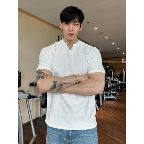 春夏男士純色V領T恤休閒美式細條紋短袖健身運動訓練打底百搭上衣