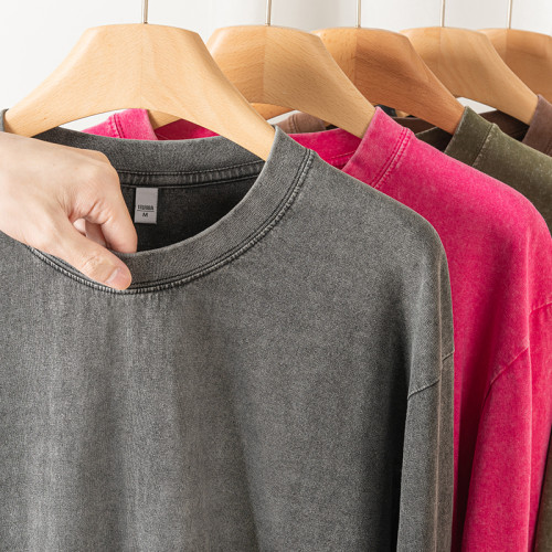 230g重磅純棉做舊圓領長袖T恤 秋季純色寬松美式復古男休閒打底衫