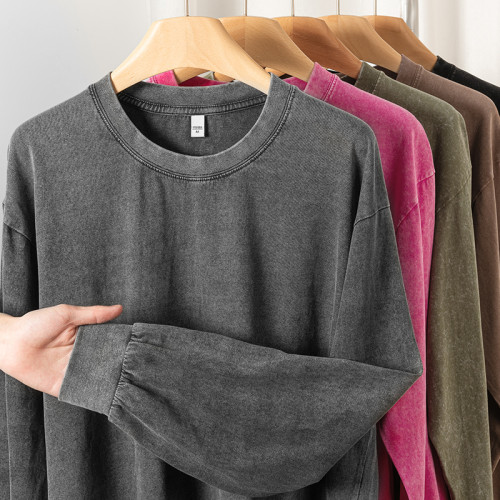 230g重磅純棉做舊圓領長袖T恤 秋季純色寬松美式復古男休閒打底衫