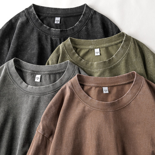 230g重磅純棉做舊圓領長袖T恤 秋季純色寬松美式復古男休閒打底衫