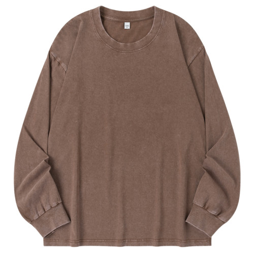 230g重磅純棉做舊圓領長袖T恤 秋季純色寬松美式復古男休閒打底衫