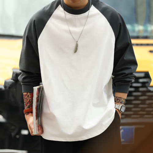 BGYO鹿起 重磅純棉300g日系撞色插肩長袖T恤男基礎版復古打底衫秋