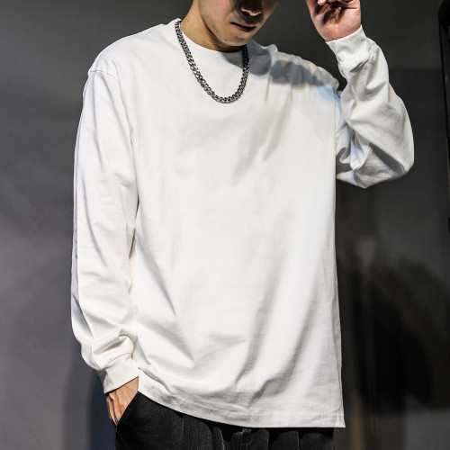 日系打底圓領白色t恤男ins潮流百搭純棉春夏國潮內搭寬鬆落肩長袖