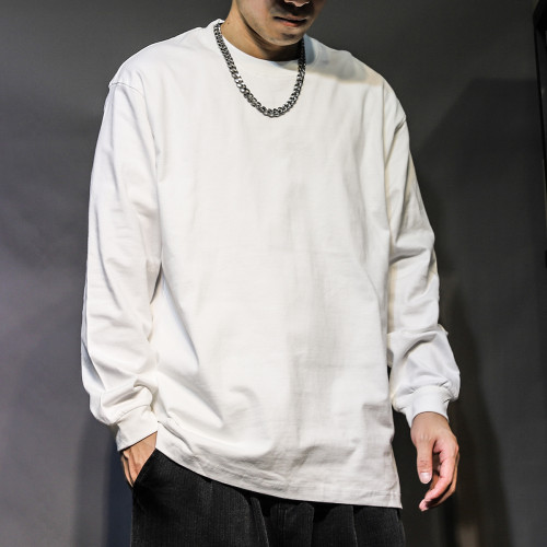 日系打底圓領白色t恤男ins潮流百搭純棉春夏國潮內搭寬鬆落肩長袖