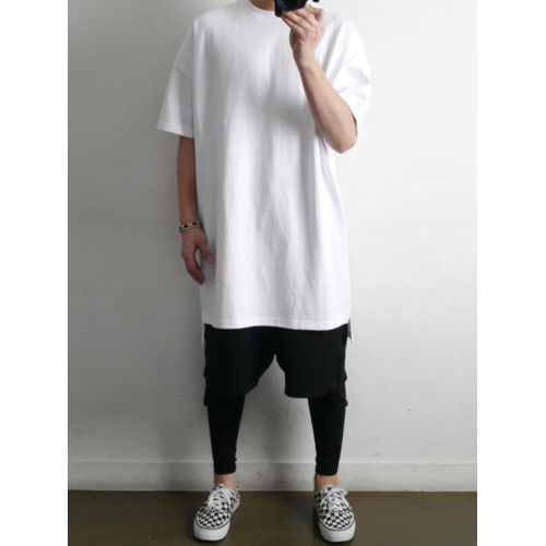 230克重磅純棉短袖t恤男夏季潮牌寬松中袖純色長款打底半袖側開叉