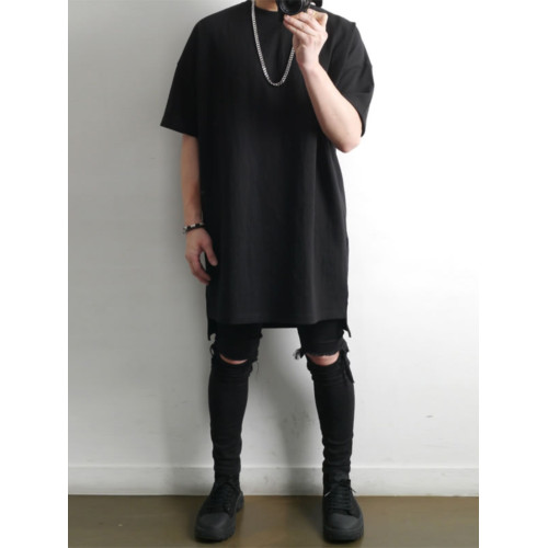 230克重磅純棉短袖t恤男夏季潮牌寬松中袖純色長款打底半袖側開叉