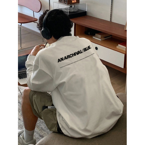 歐美休閒純棉長袖t恤男260g秋冬重磅圓領寬鬆上衣情侶裝簡約百搭