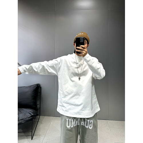 美式潮牌oversize寬松純色長袖T恤男青年百搭擴版體恤純棉白色t恤