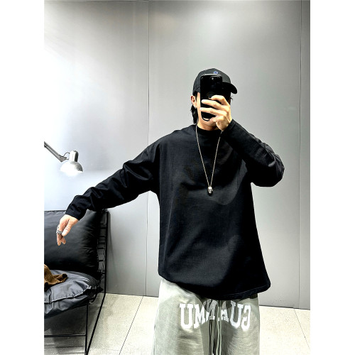 美式潮牌oversize寬松純色長袖T恤男青年百搭擴版體恤純棉白色t恤