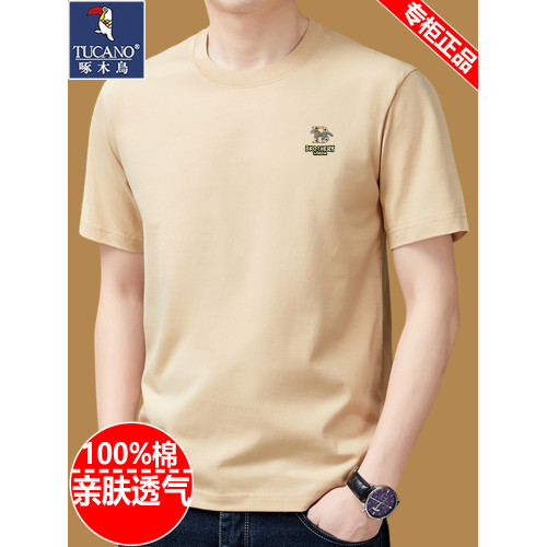 啄木鳥純棉短袖t恤男士圓領夏季2025新款體恤寬鬆上衣半袖男裝潮T