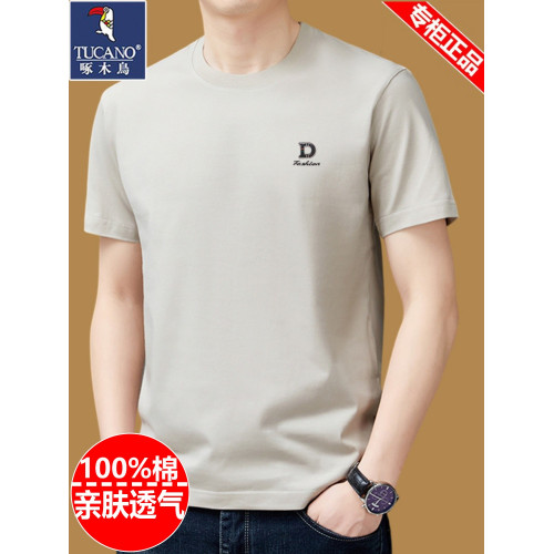 啄木鳥純棉短袖t恤男士圓領夏季2025新款體恤寬鬆上衣半袖男裝潮T
