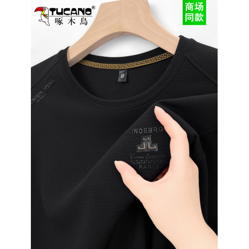 啄木鳥衛衣男加絨加厚2025新款春秋純棉男長袖t恤圓領打底衫上衣