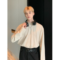 cuibuju 高品質純棉內搭打底衫男寬松秋冬圓領純白淨色長袖T恤ins