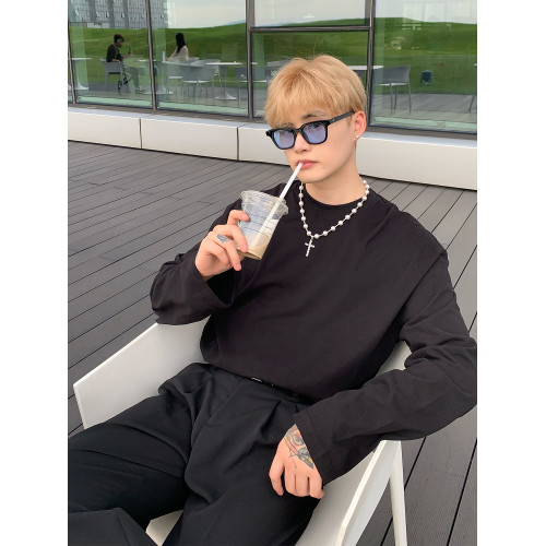 cuibuju 高品質純棉內搭打底衫男寬松秋冬圓領純白淨色長袖T恤ins