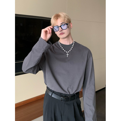 cuibuju 高品質純棉內搭打底衫男寬松秋冬圓領純白淨色長袖T恤ins