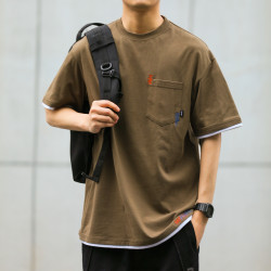 BGYO 日系重磅水洗假兩件短袖T恤男寬松口袋設計美式刺綉復古半袖