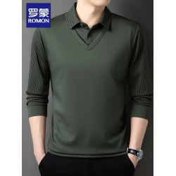 羅矇假兩件男士長袖t恤秋冬季新款爸爸裝休閒翻領上衣打底衫男