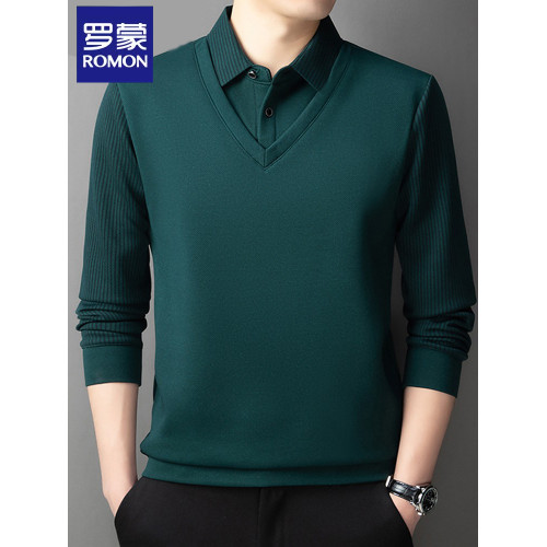 羅矇假兩件男士長袖t恤秋冬季新款爸爸裝休閒翻領上衣打底衫男