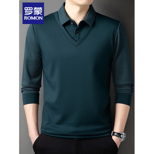 羅矇假兩件男士長袖t恤秋冬季新款爸爸裝休閒翻領上衣打底衫男